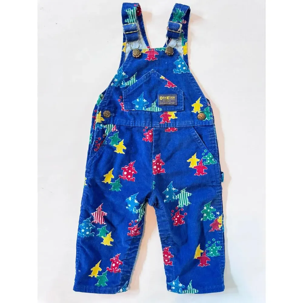 Vintage OshKosh Clown Print Blue Corduroy Overalls 24 Months